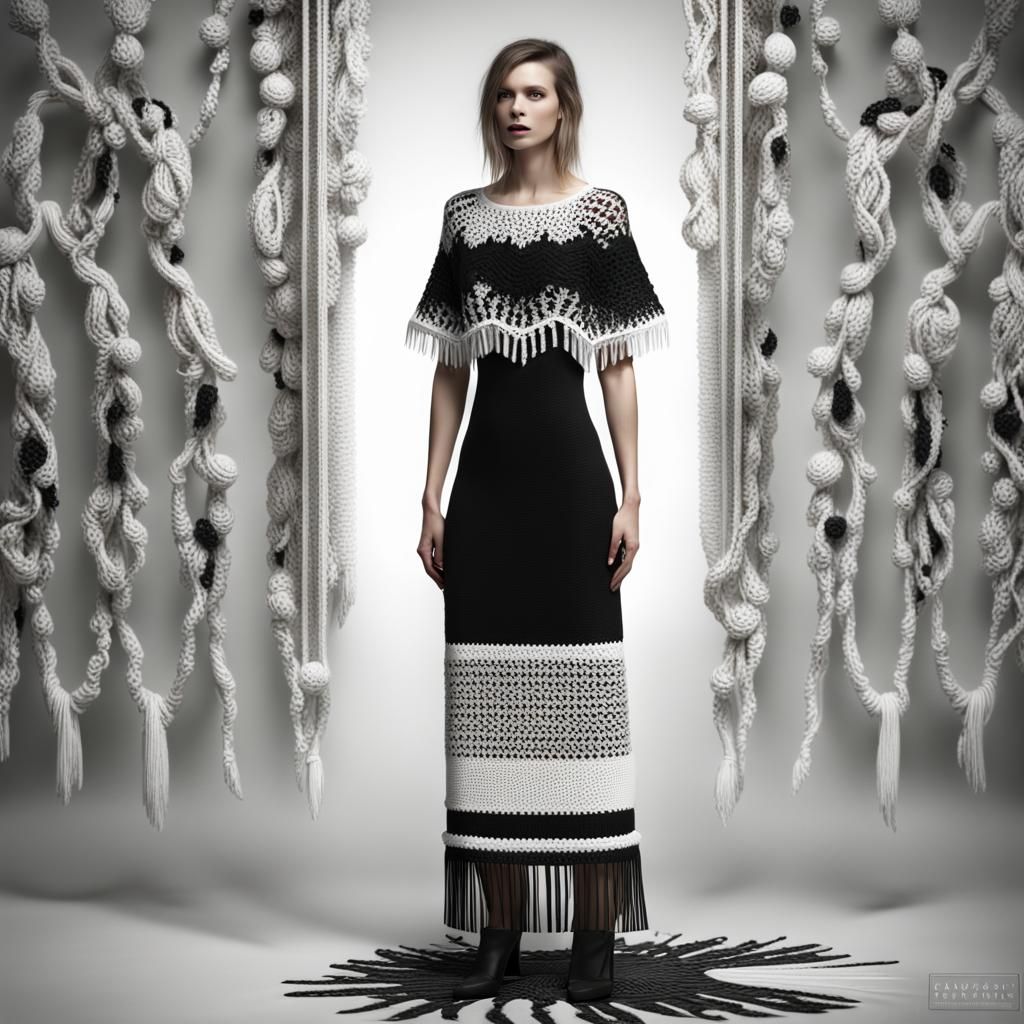 Elegant Black and White Knit Crochet Dress