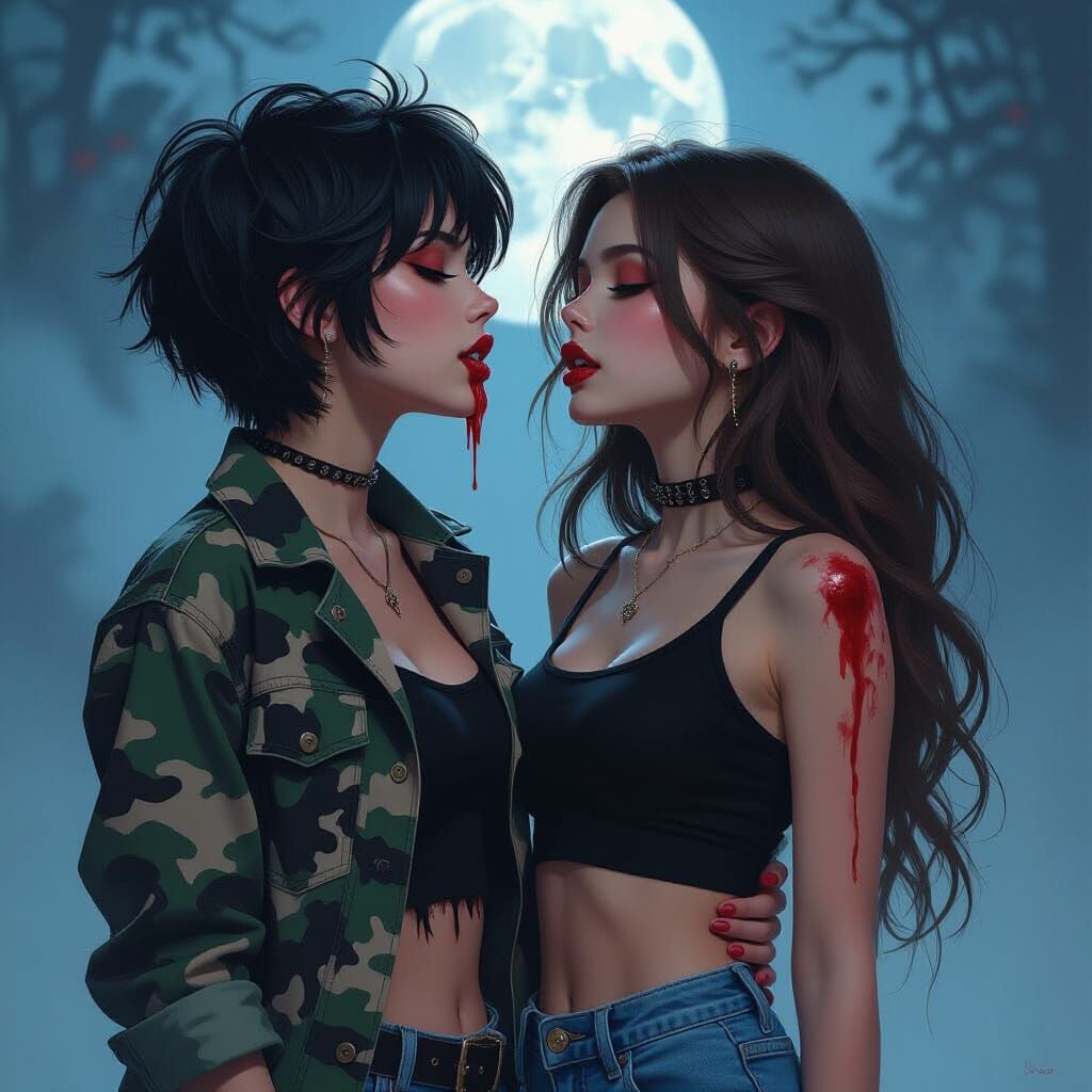 Gothic Vampire Attack in Moonlit Fog Digital Painting