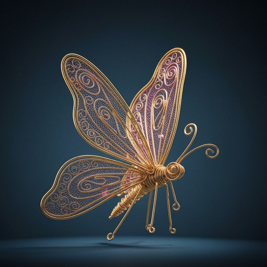 Gold and Pink Wire Butterfly Sculpture