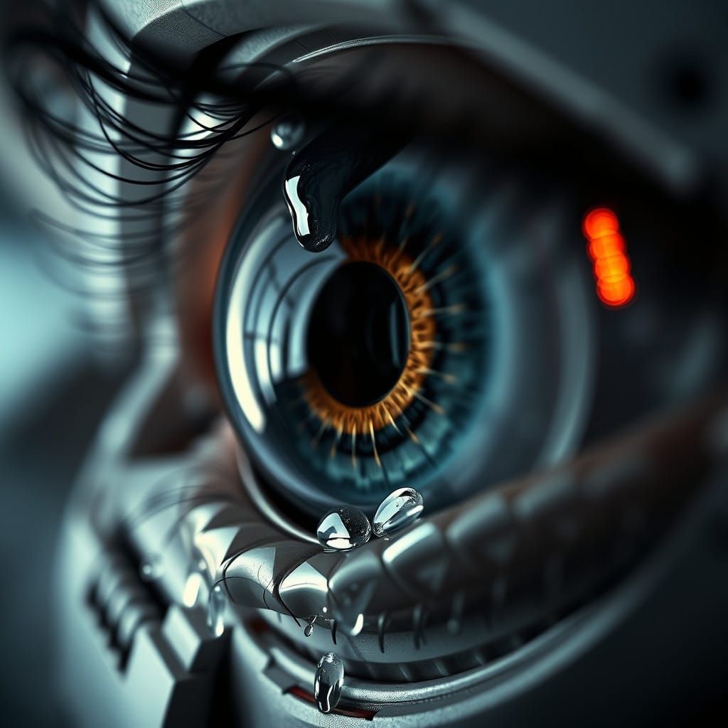 Cyberpunk Robot's Glistening Eye in Hyperrealistic Detail