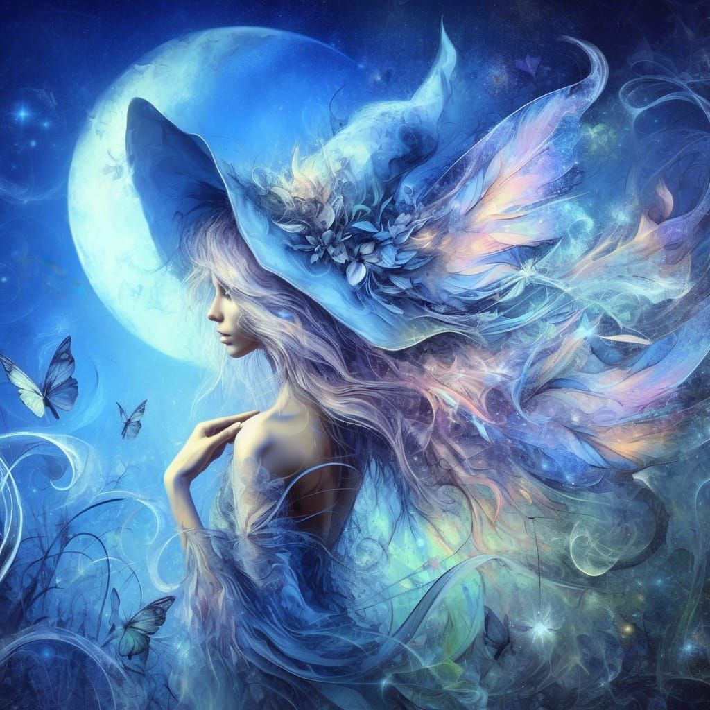 Fairy Witch with Blue Moon in Vibrant Pastel Art