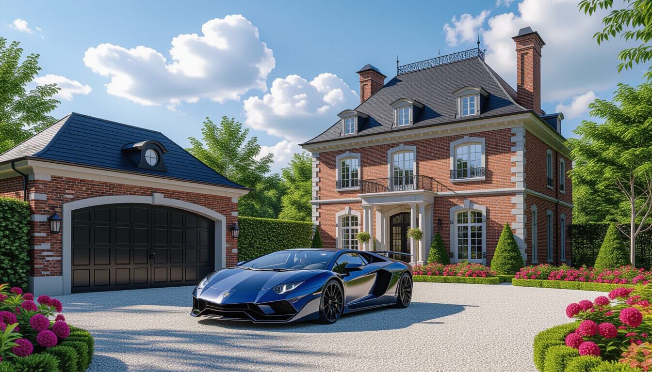 Grand Chateau with Lamborghini in Vibrant Garden