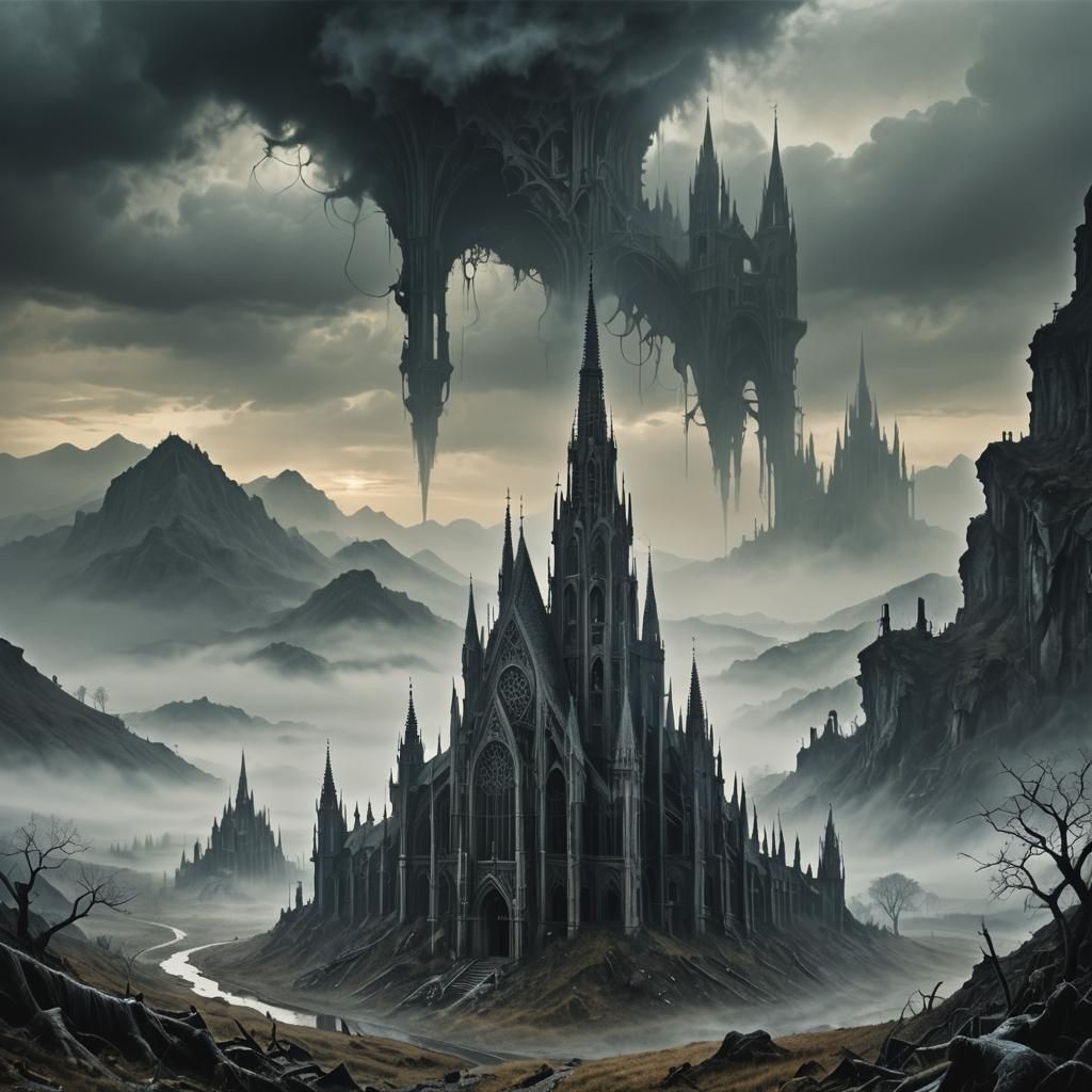 Eerie Gothic Cathedral in Dreamlike Surrealist Landscape