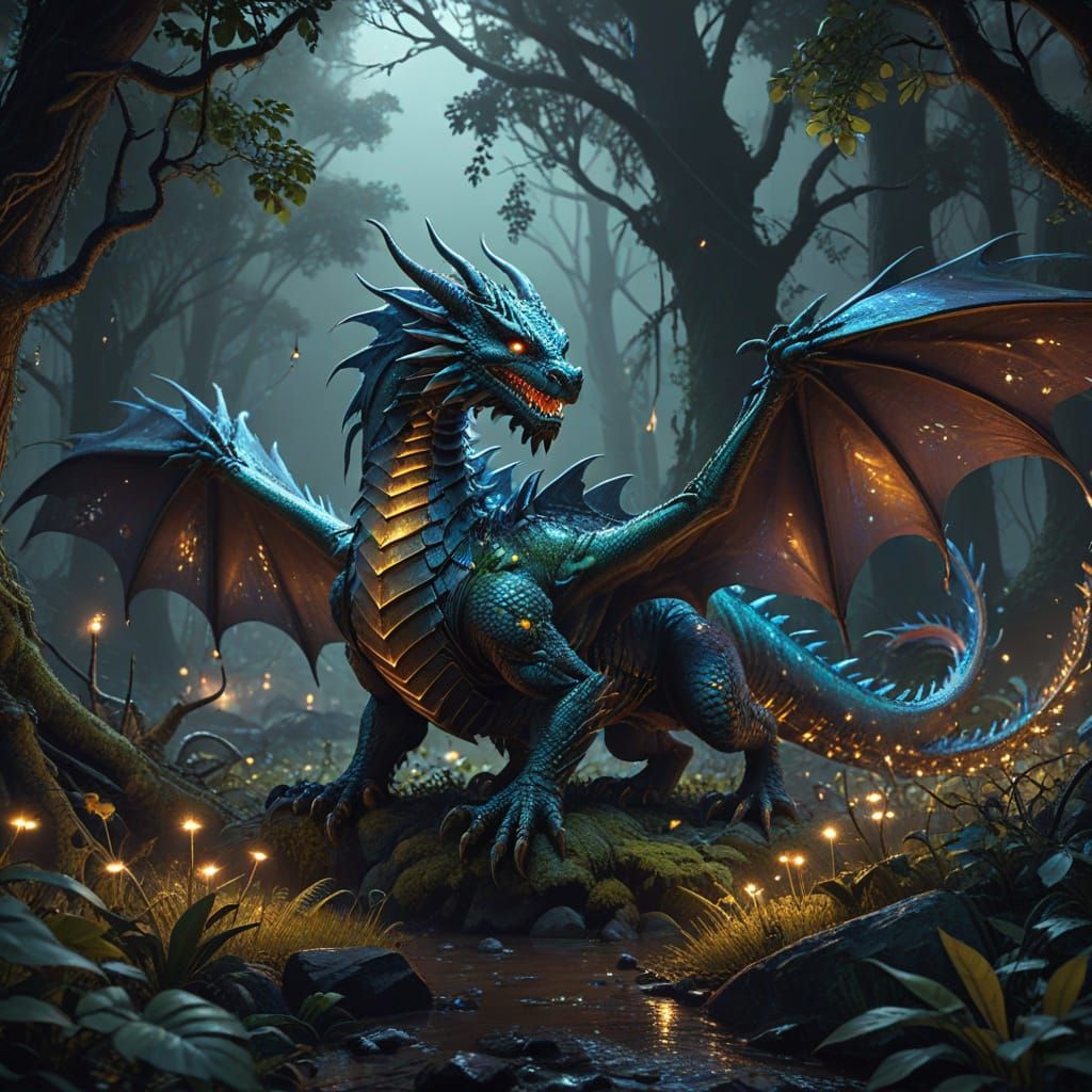 Dragon Protects Baby Dragons and Human Infant in Enchanted F...