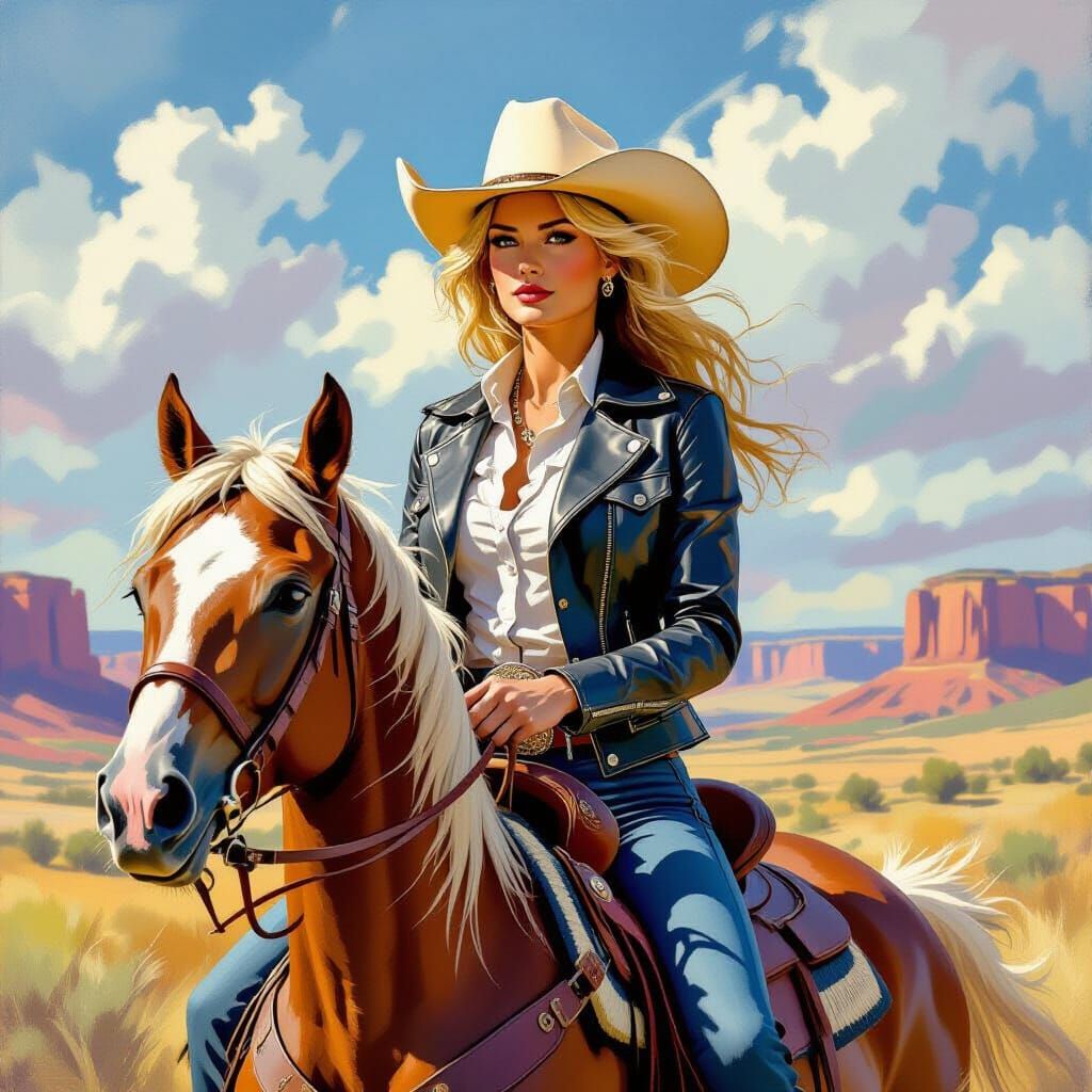 Cowgirl on Mustang in Western Landscape