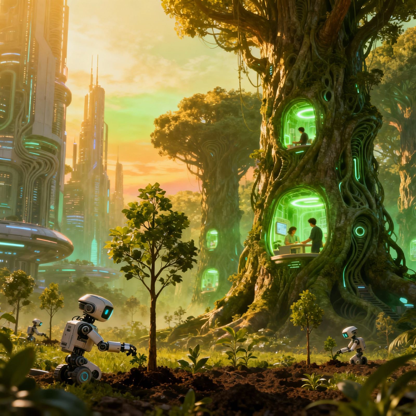 Futuristic Forest Harmony: Robots & Humans in Glowing Tree H...