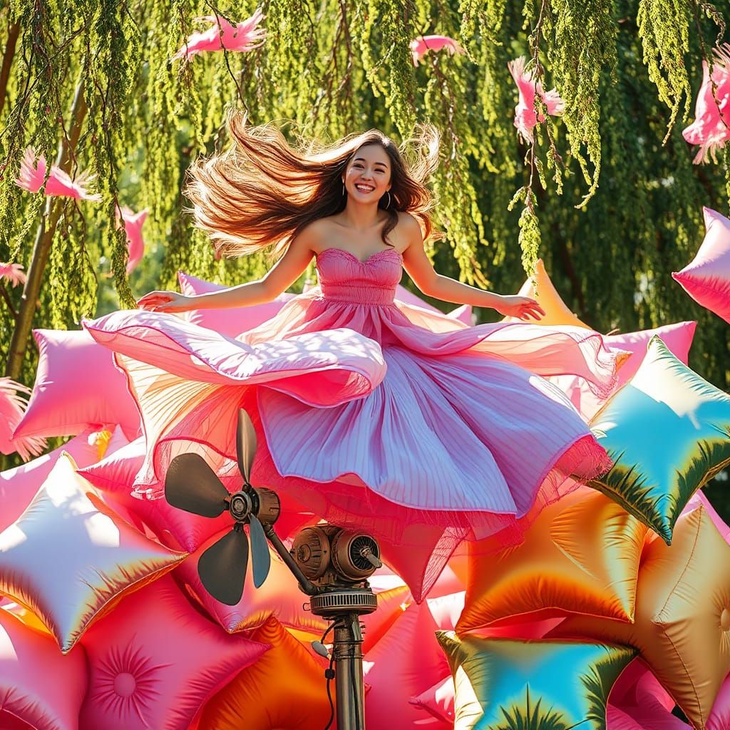 Woman on Fan in a Whirlwind of Pillows