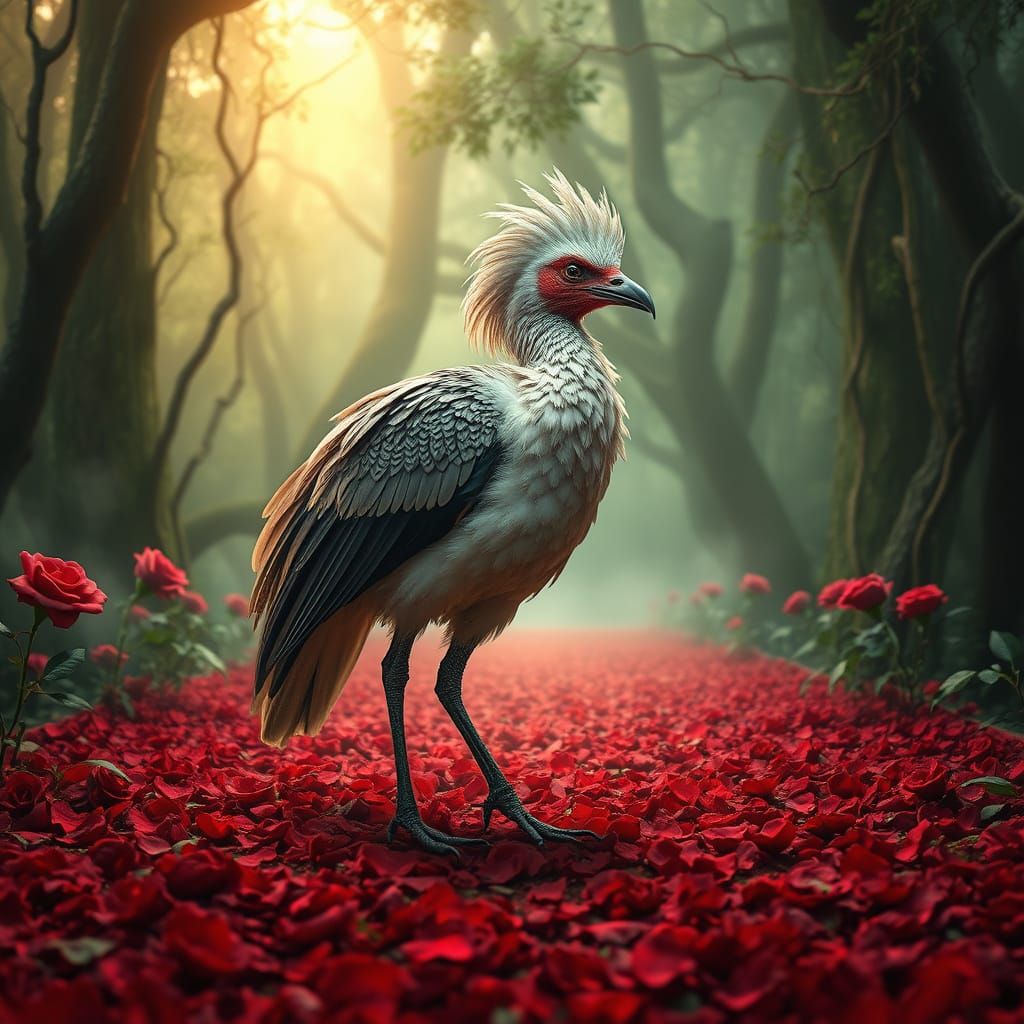 Hyperrealistic Secretary Bird on Crimson Rose Carpet in Jung...