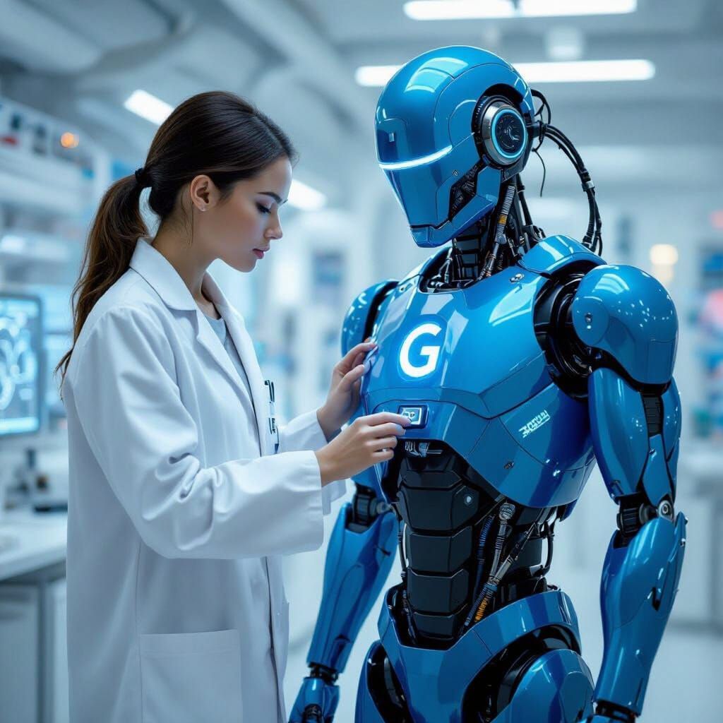 Scientist Works With Blue Android in Futuristic Lab