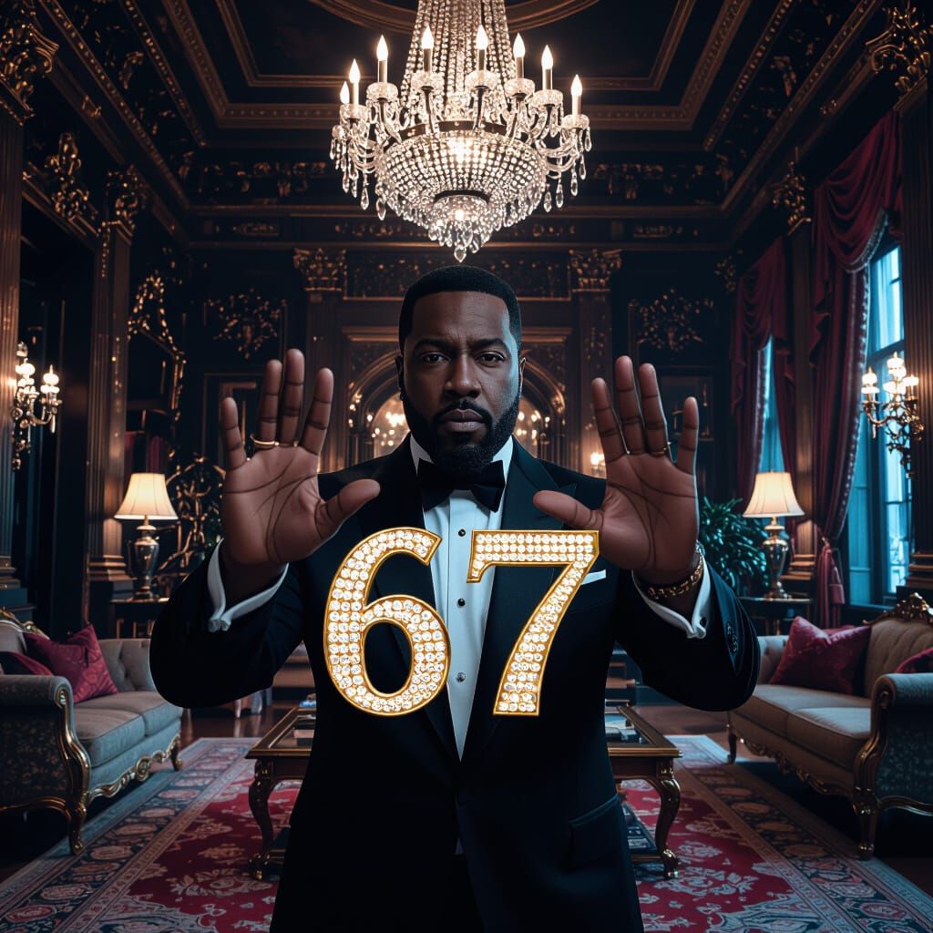 Man Gestures 67 in Opulent Mansion Interior