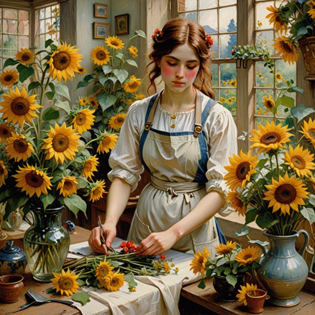 Florist Arranging Sunflowers in a Bustling Flower Shop