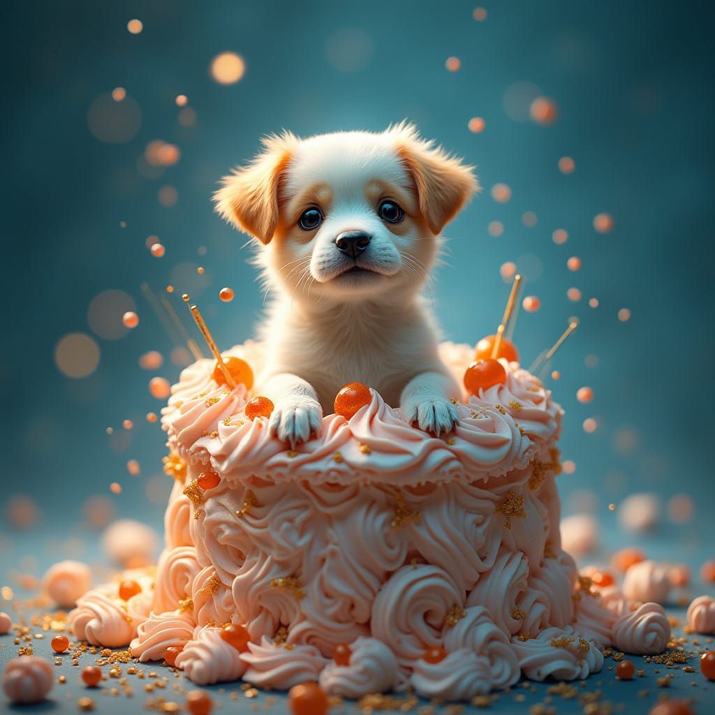 Fantastical Puppy Portrait in Ornate Cake, Whimsical Concept...