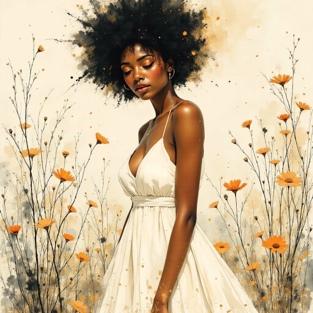 African American Woman in Serene Garden, Ink Wash Style