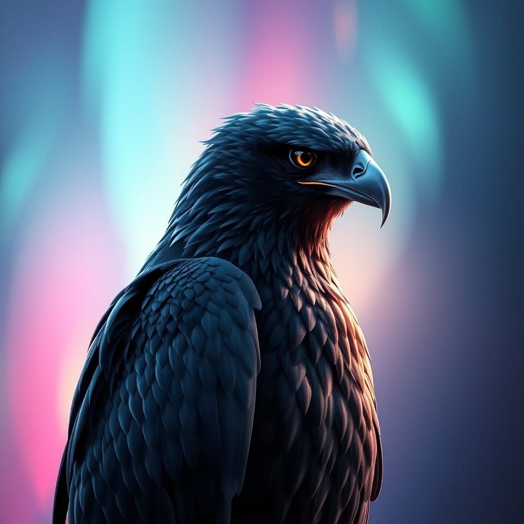 Hyperrealistic Black Hawk in Vibrant Aurora Borealis Lightin...