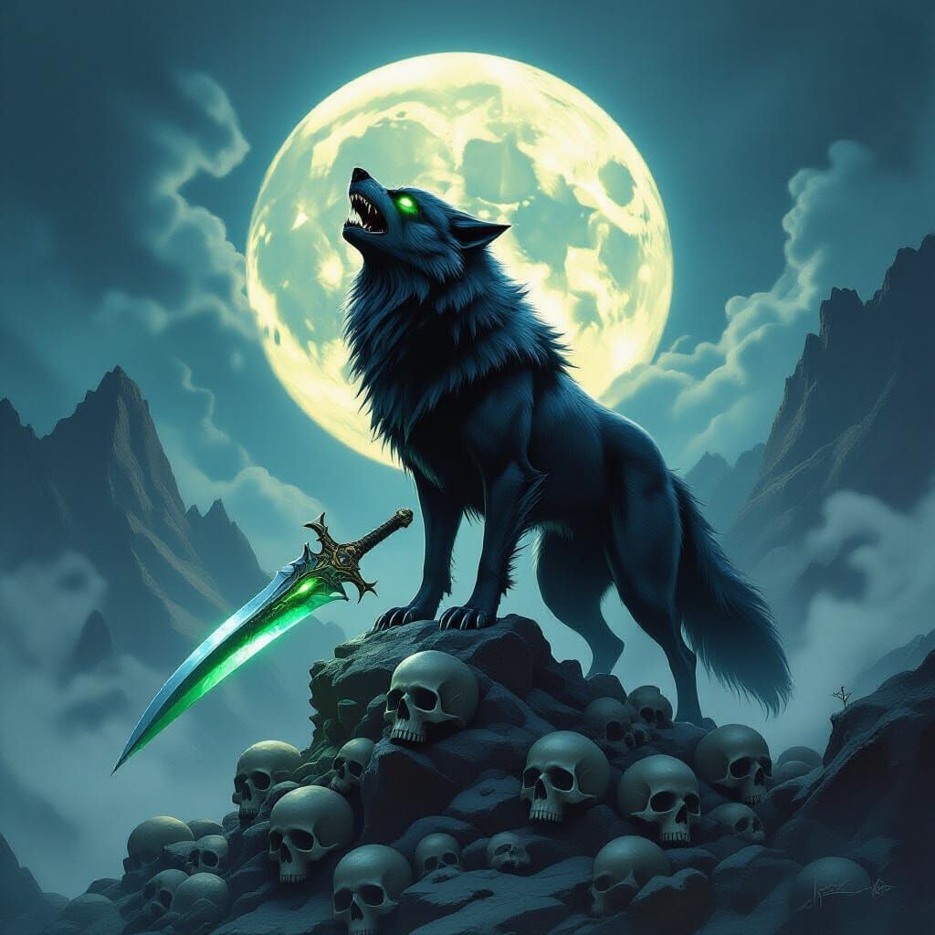 Gothic Metal Dire Wolf Howling at Moon