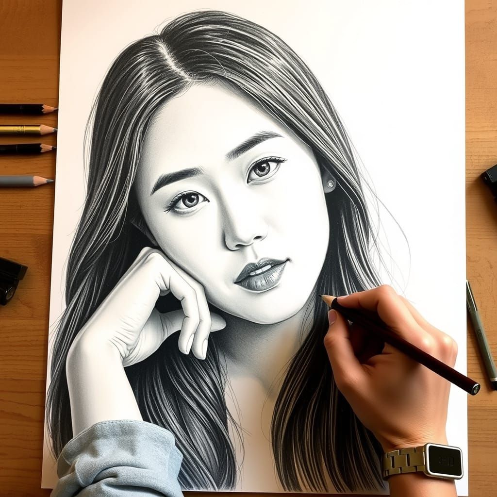 Hyperrealistic Portrait of Asian Woman Being Sketched in Ult...