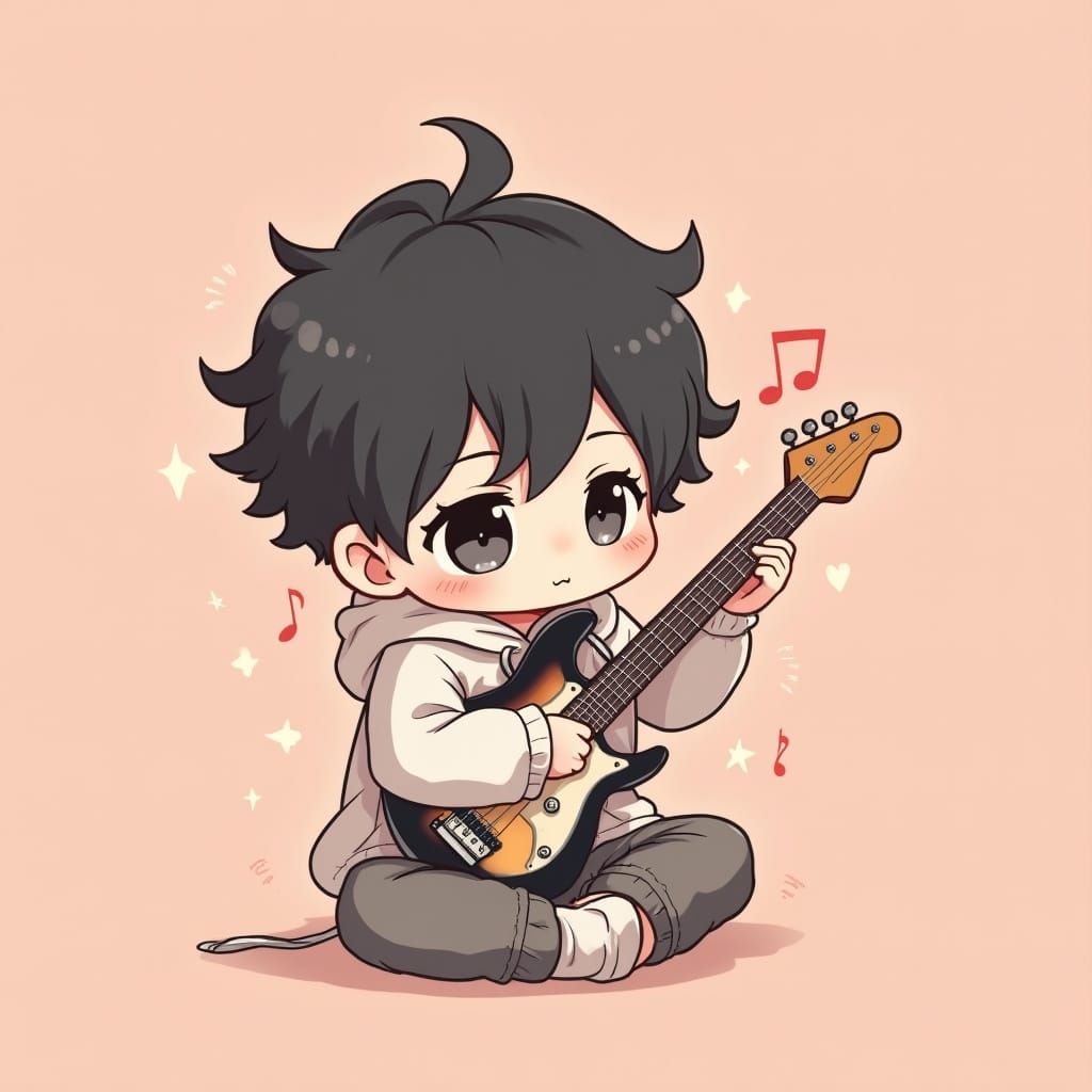 Chibi Boy in Oversized Hoodie Plays Electric Guitar