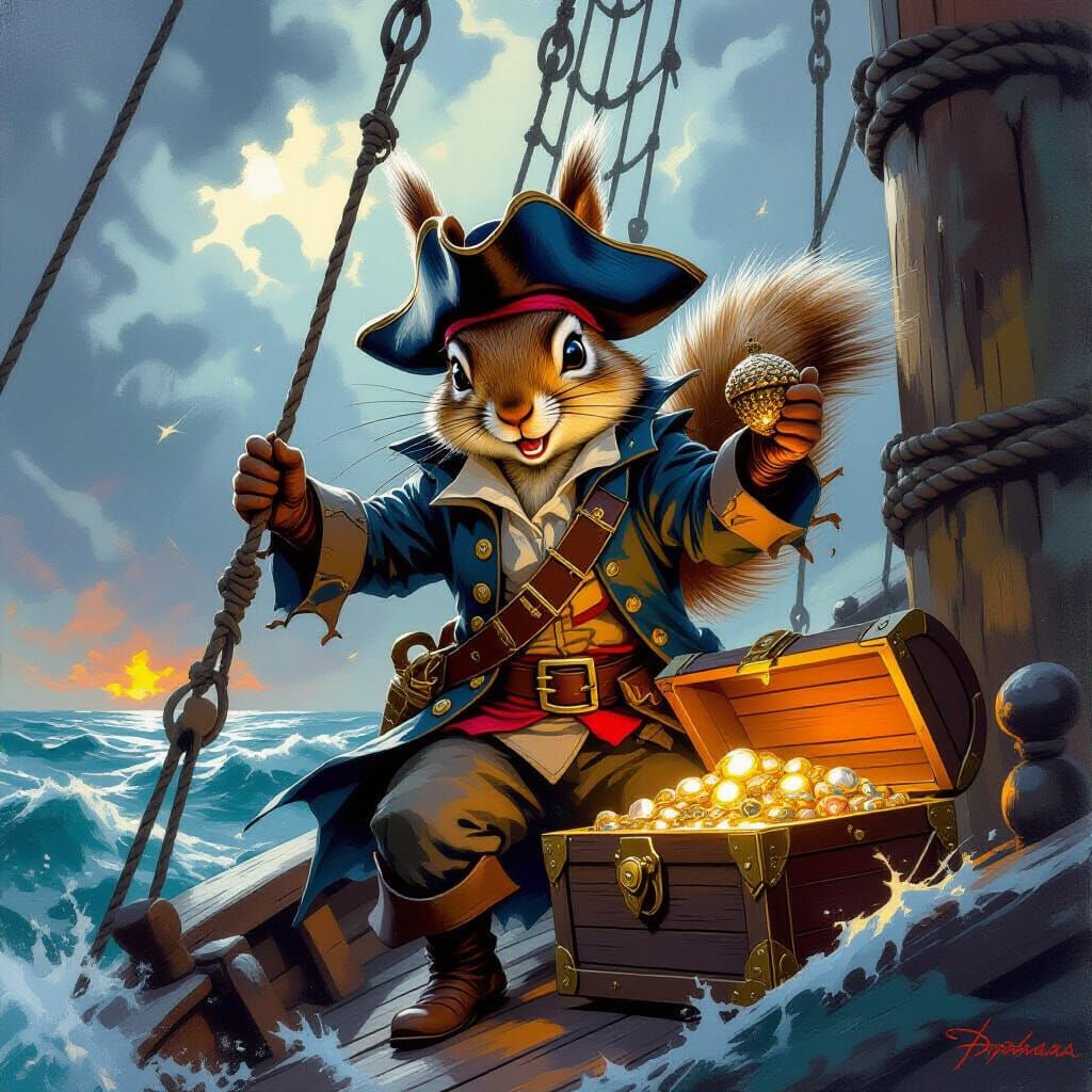 Squirrel Pirate Steals Acorn Treasure on Stormy Seas