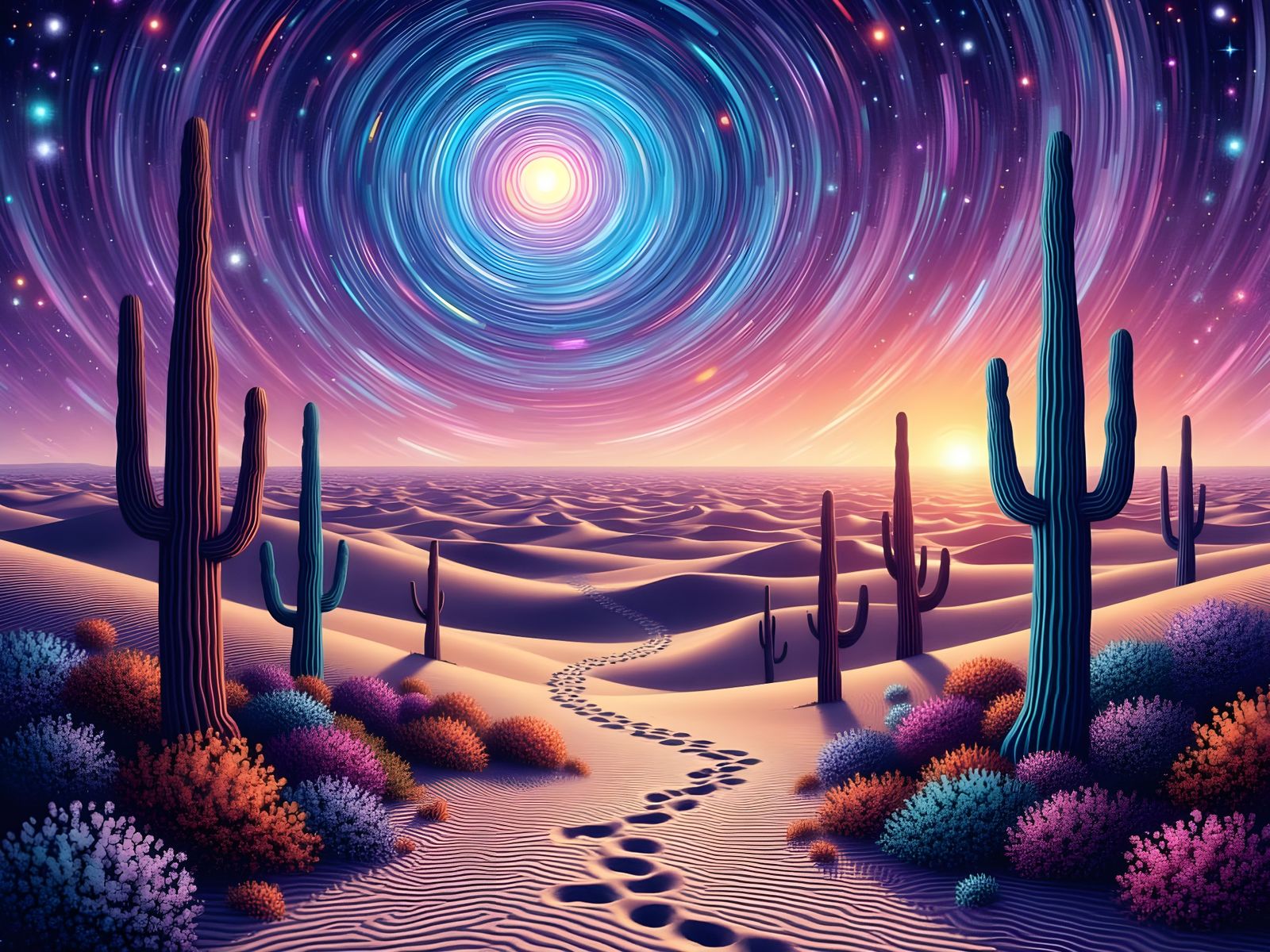 Psychedelic Desert Landscape with Oasis