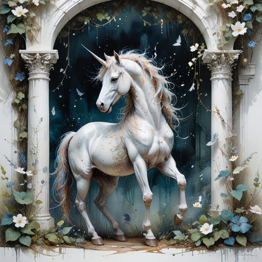 Ebon Unicorn's Sanctuary: Fantasy Palace in Watercolor