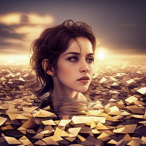 Floating in Warm Light Surrounded by Mirrored Shards