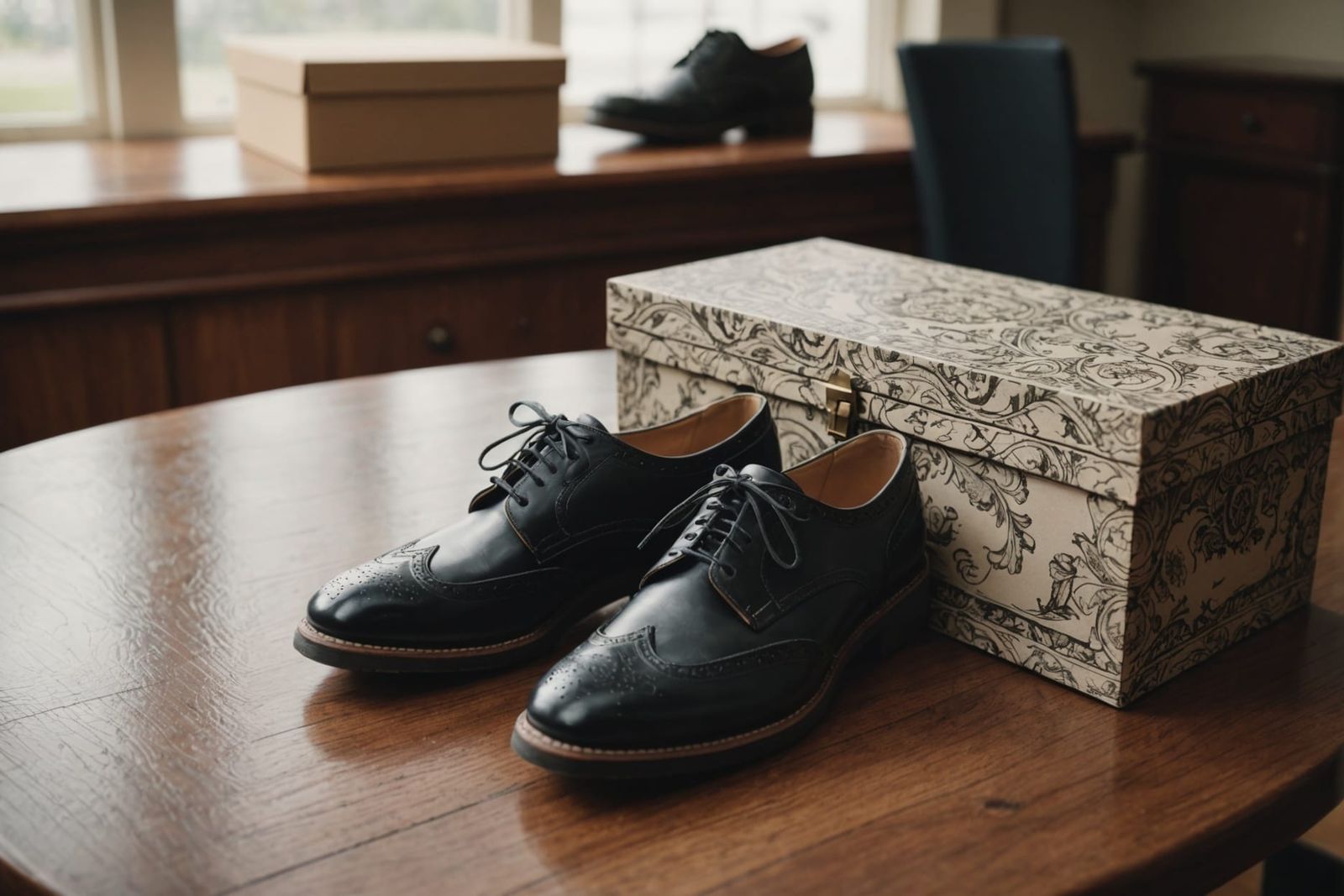 New Shoes on Dining Table: Realistic 8K Image