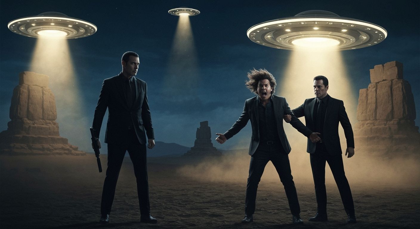 Men in Black Arrest Alien Theorist Under UFOs in Desert