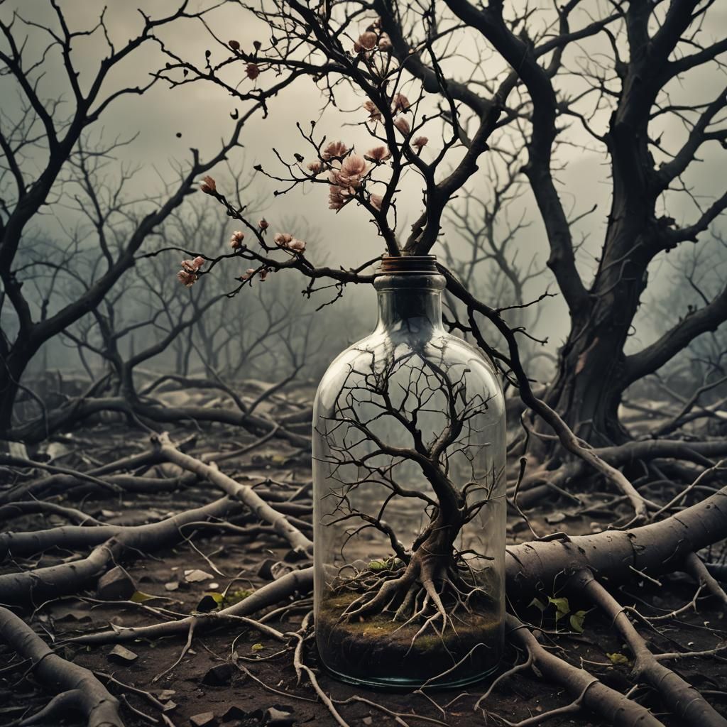 Surreal Blooming Tree in a Bottle