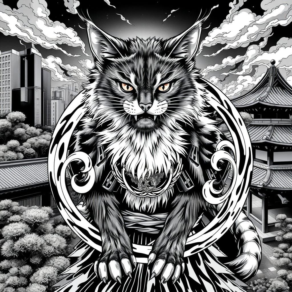 Fierce Feral Cat in Cyberpunk Armor, Blending Modern and Anc...
