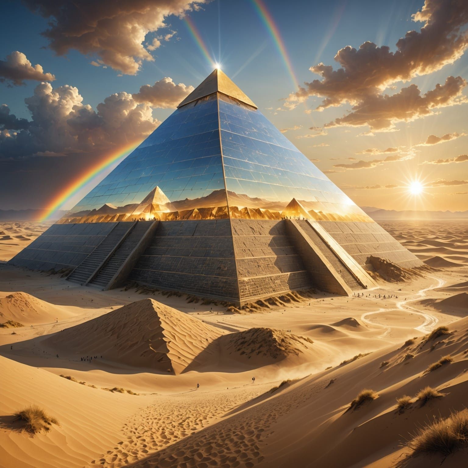 Glass Pyramid Over Golden Dunes in Digital Illustration
