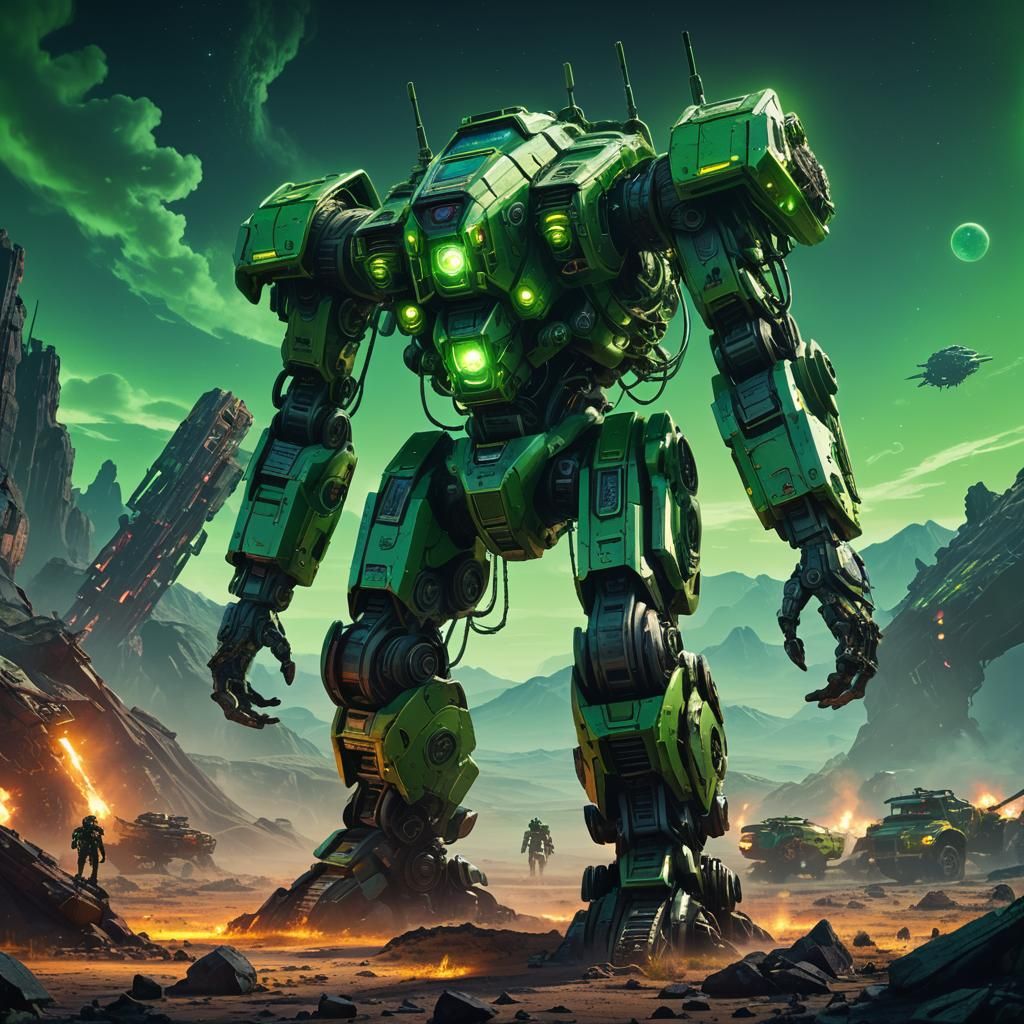 Towering Green Mech on Barren Planet in Sci-Fi Style