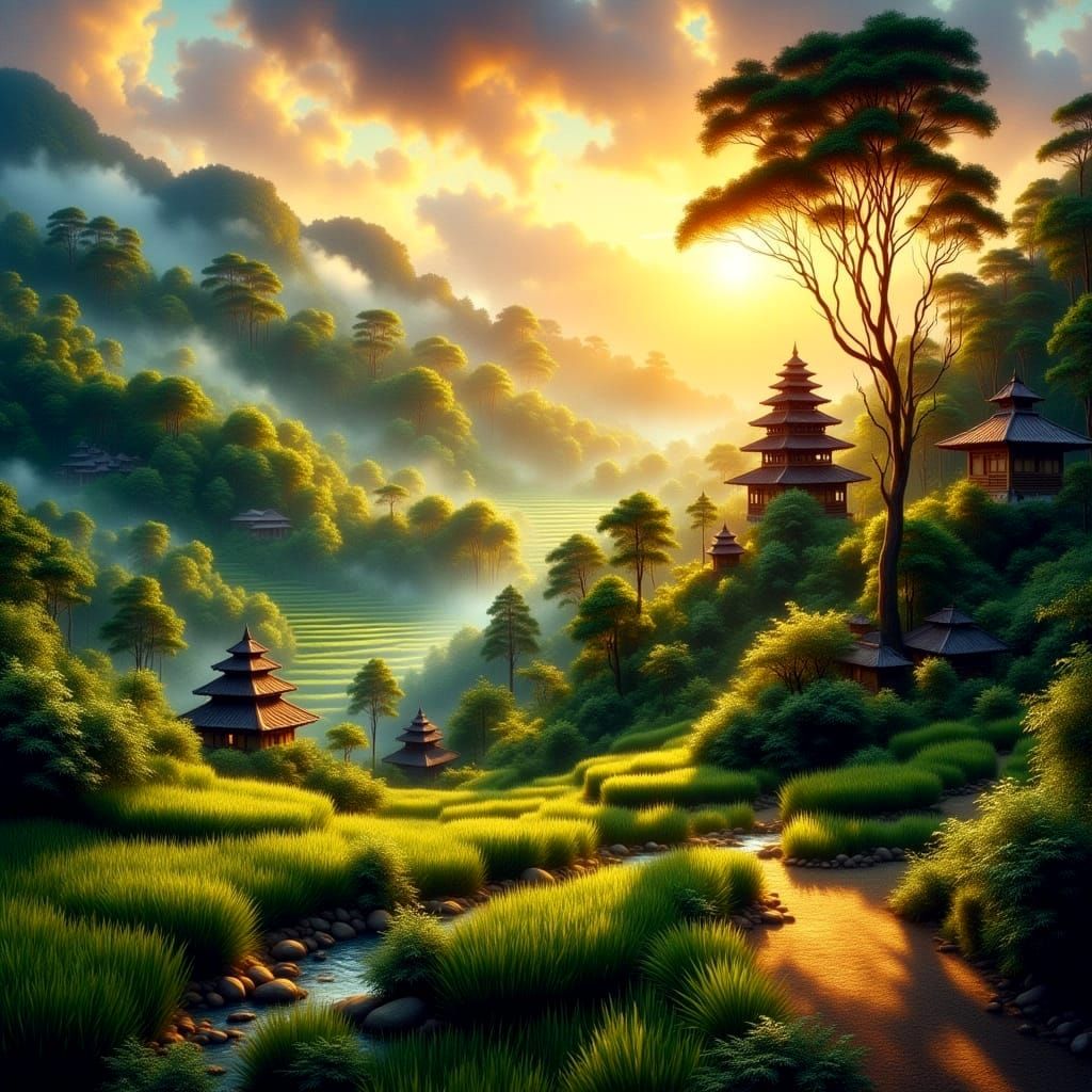 Balinese Village Amidst Golden Hour Landscape