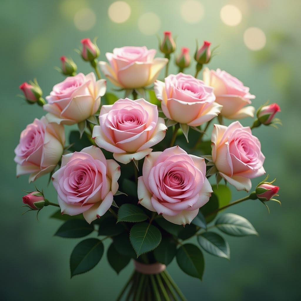 Whimsical Pink and Green Roses Bouquet, Art Nouveau Inspired