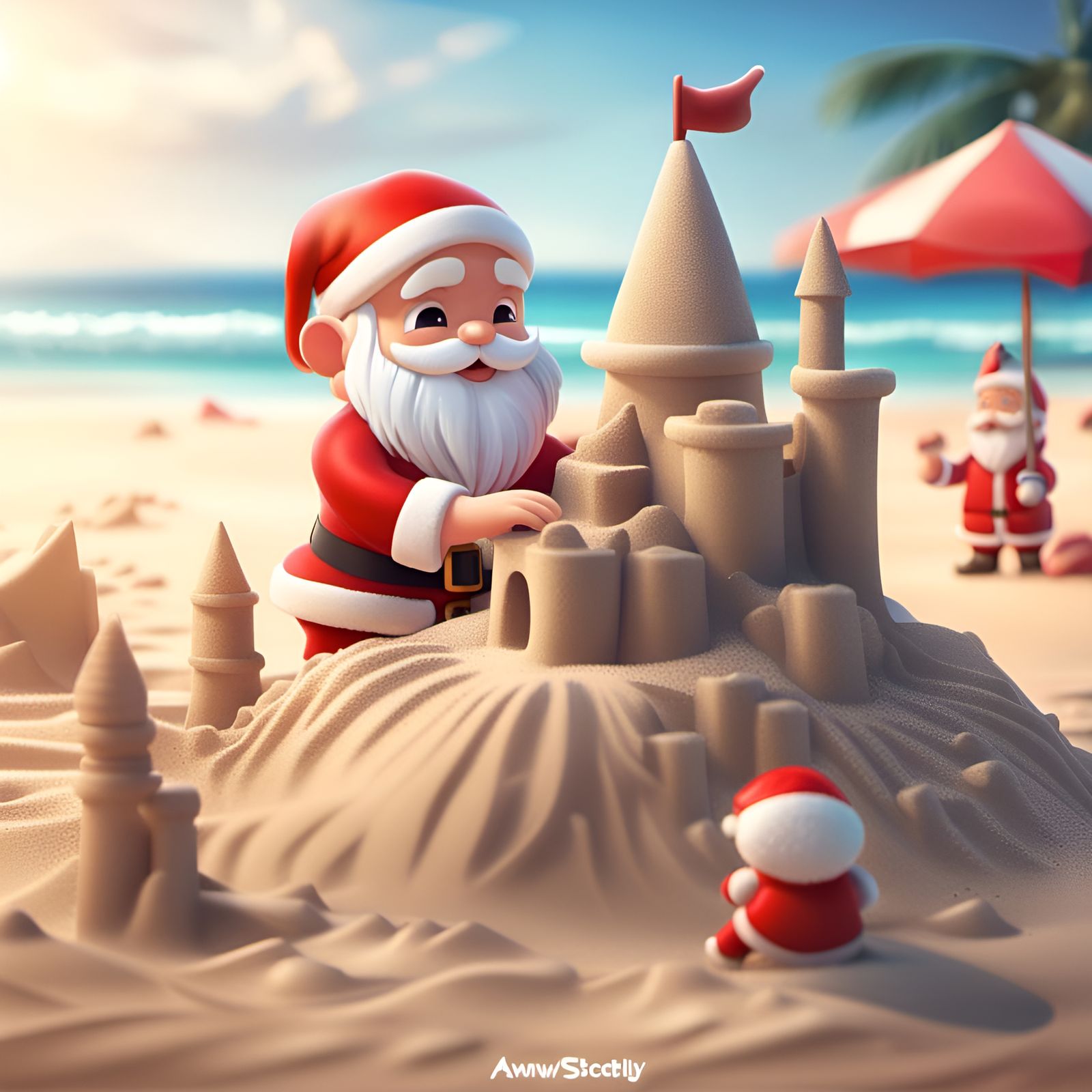 Chibi Santa Claus Building Sandcastle, Digital Illustration