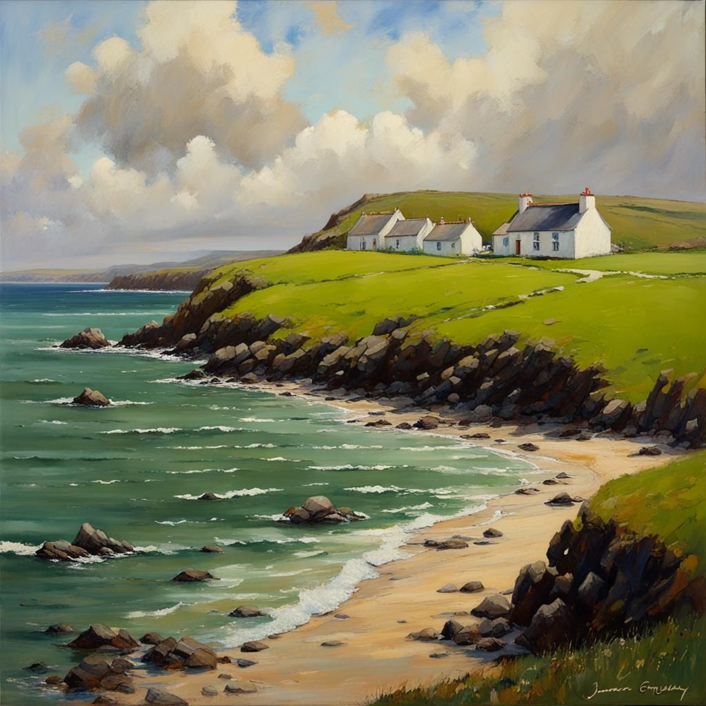 Idyllic Irish Coastal Landscape in Oil Paint Style