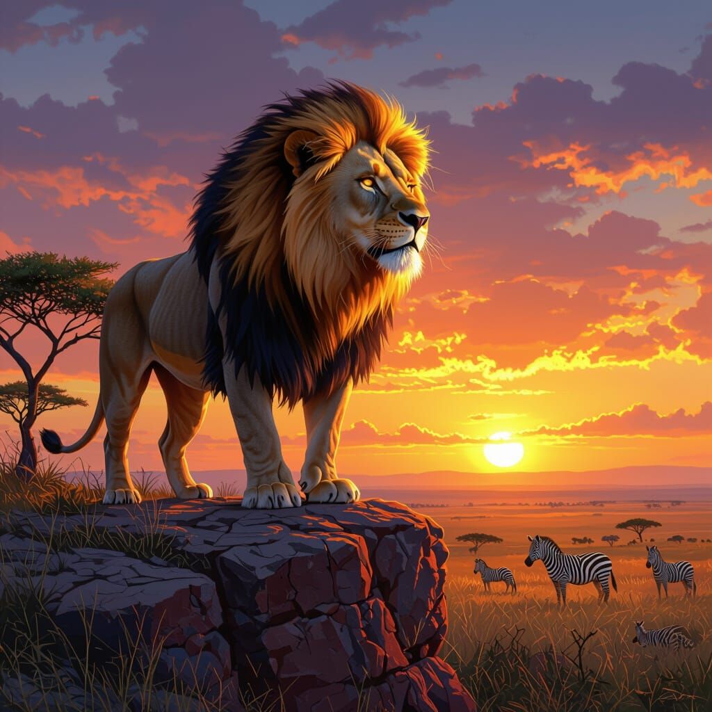 Fiery Lion Overlooking the Savanna at Sunset