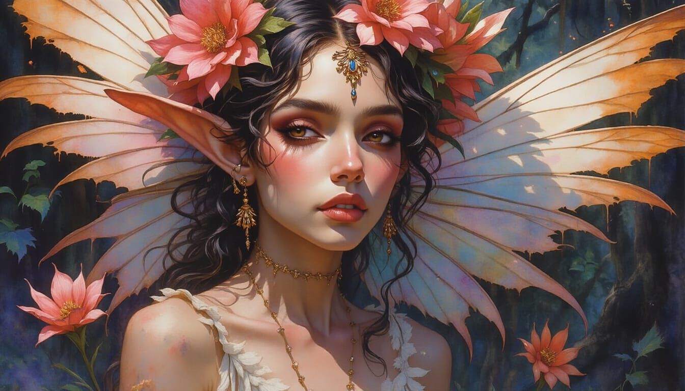 Indian Flower Fairy in Hidden Glade: Watercolor Art