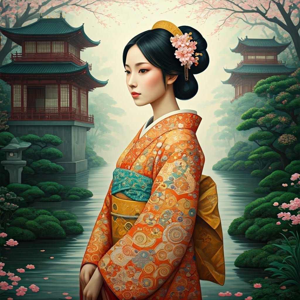 Chinese Lady in Kimono: Klimt-Inspired Watercolor