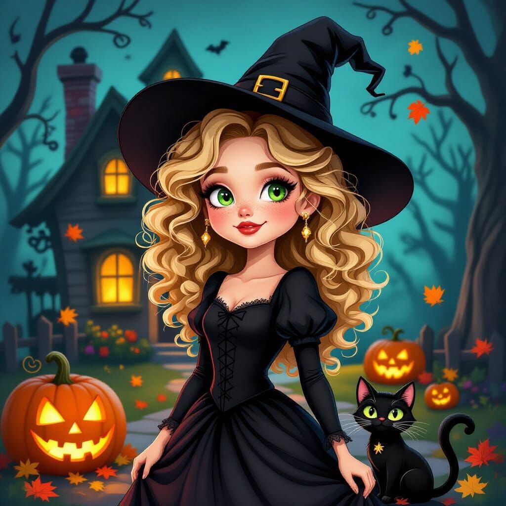 Whimsical Witch and Halloween Cottage with Black Cat
