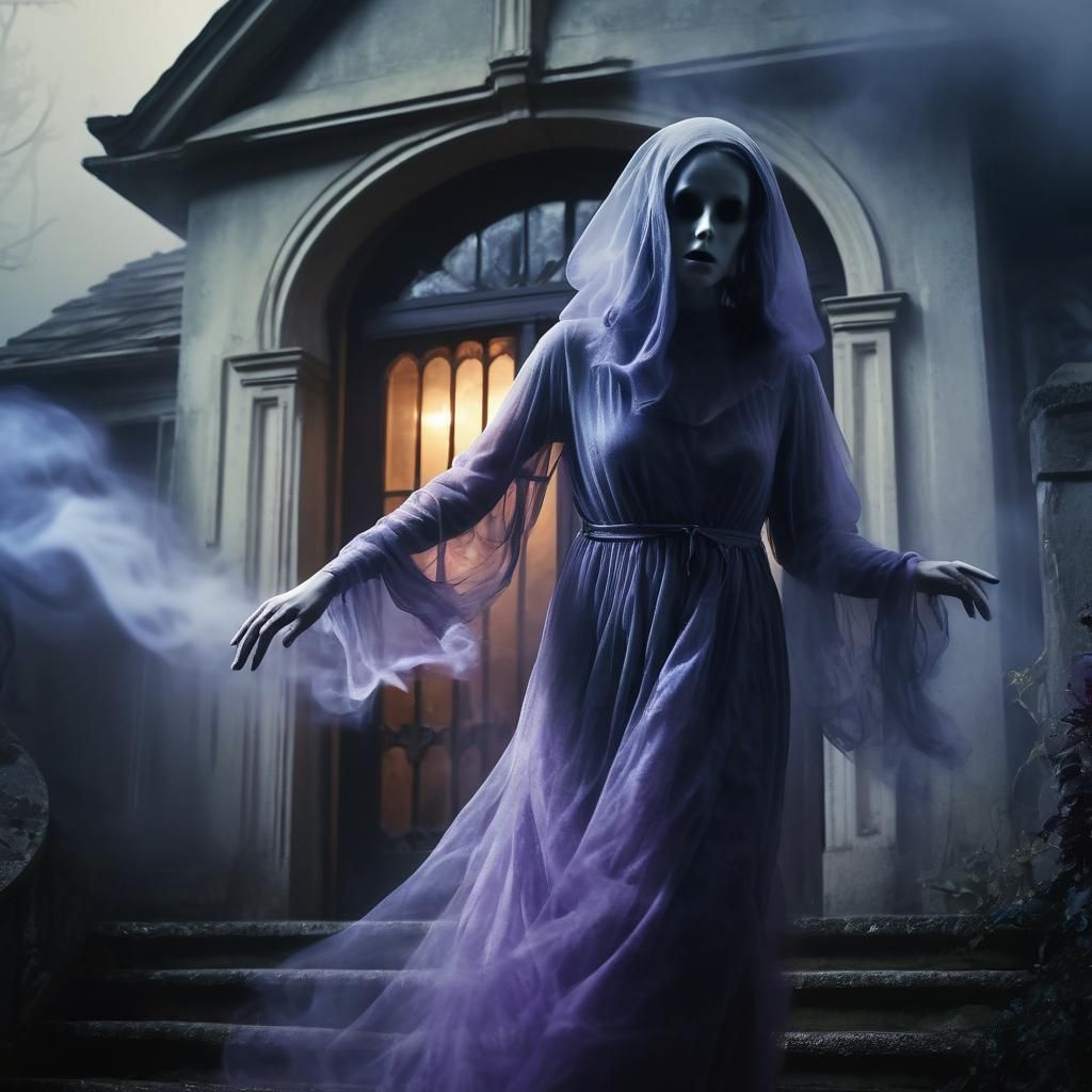Ghostly Woman Exiting Haunted Manor in Surreal Style