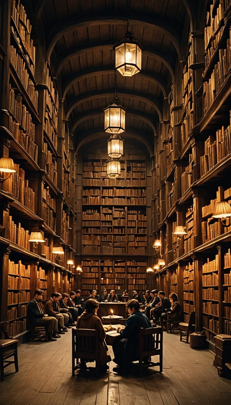 Hogwarts Academy Library: Students Reading, Cinematic Lighti...
