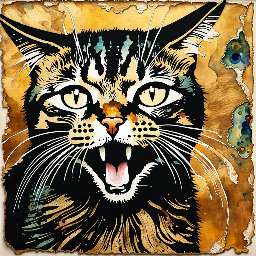 Screaming Cat in Style of Vintage Watercolor Painting