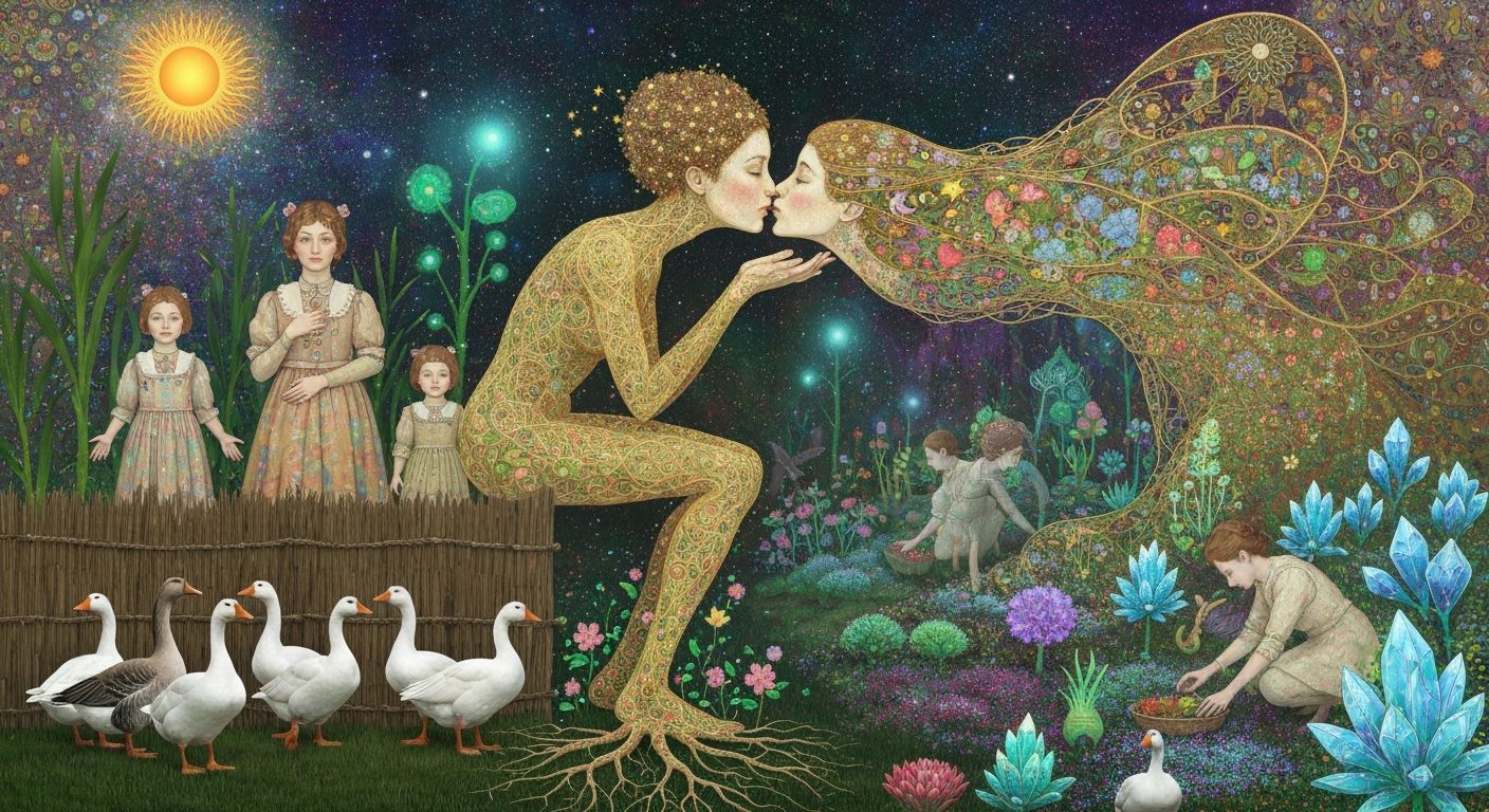 Folkloric Robot and Twins in Surreal Eco-Art Garden