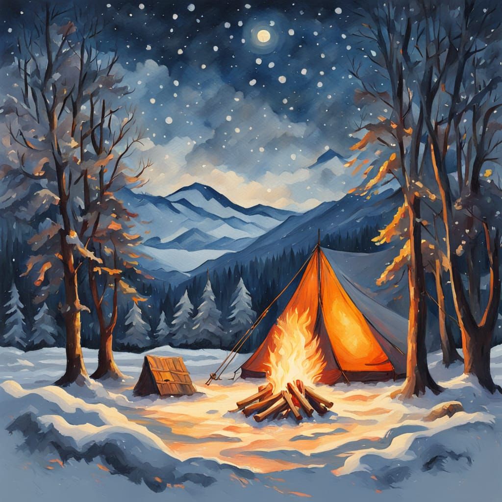 Winter Wonderland Campsite Scene in Epic Impressionist Style