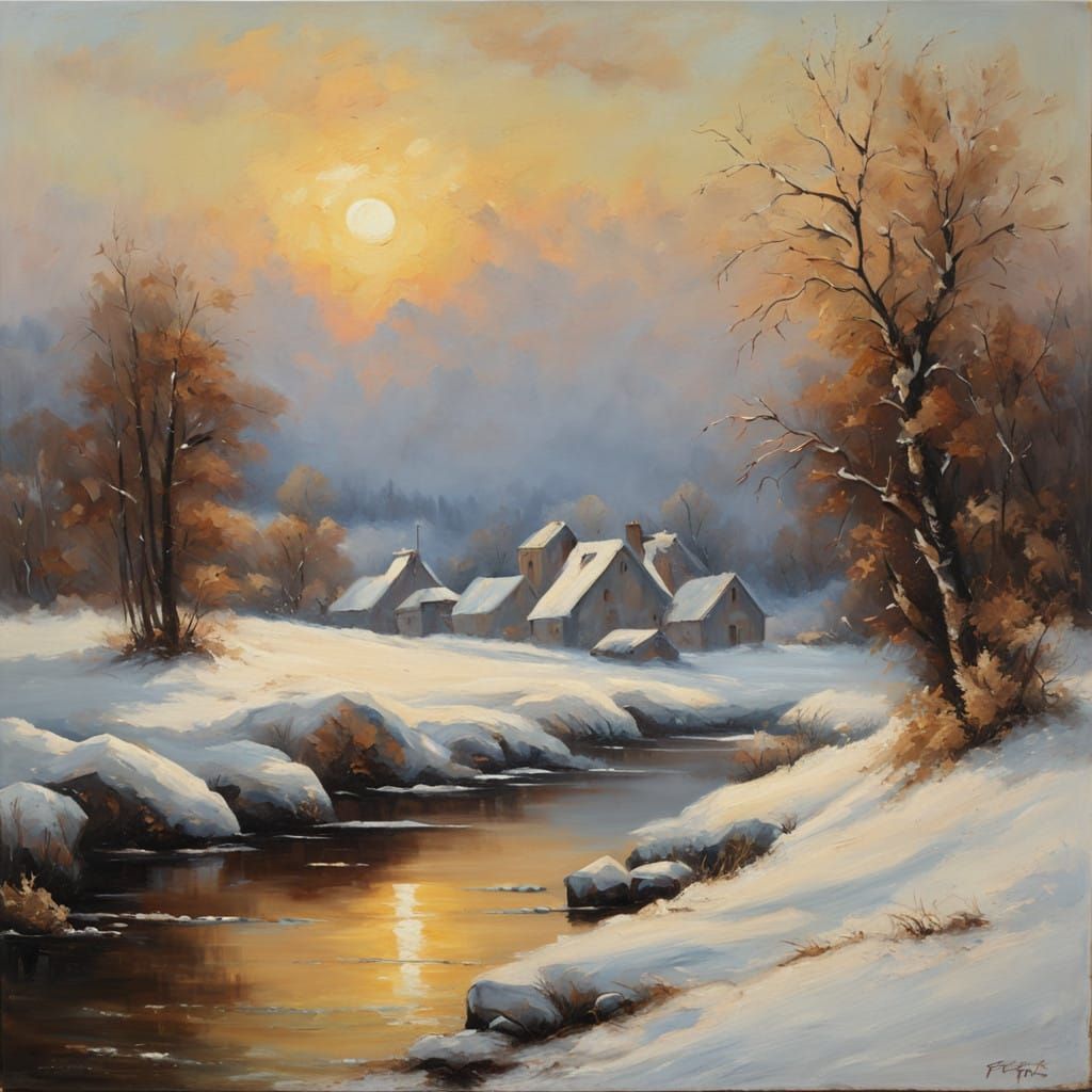 Winter landscape oil painting