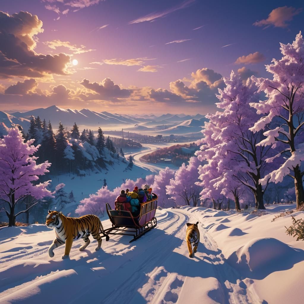 Santa's Sleigh Pulled by Tigers in Triadic Colors