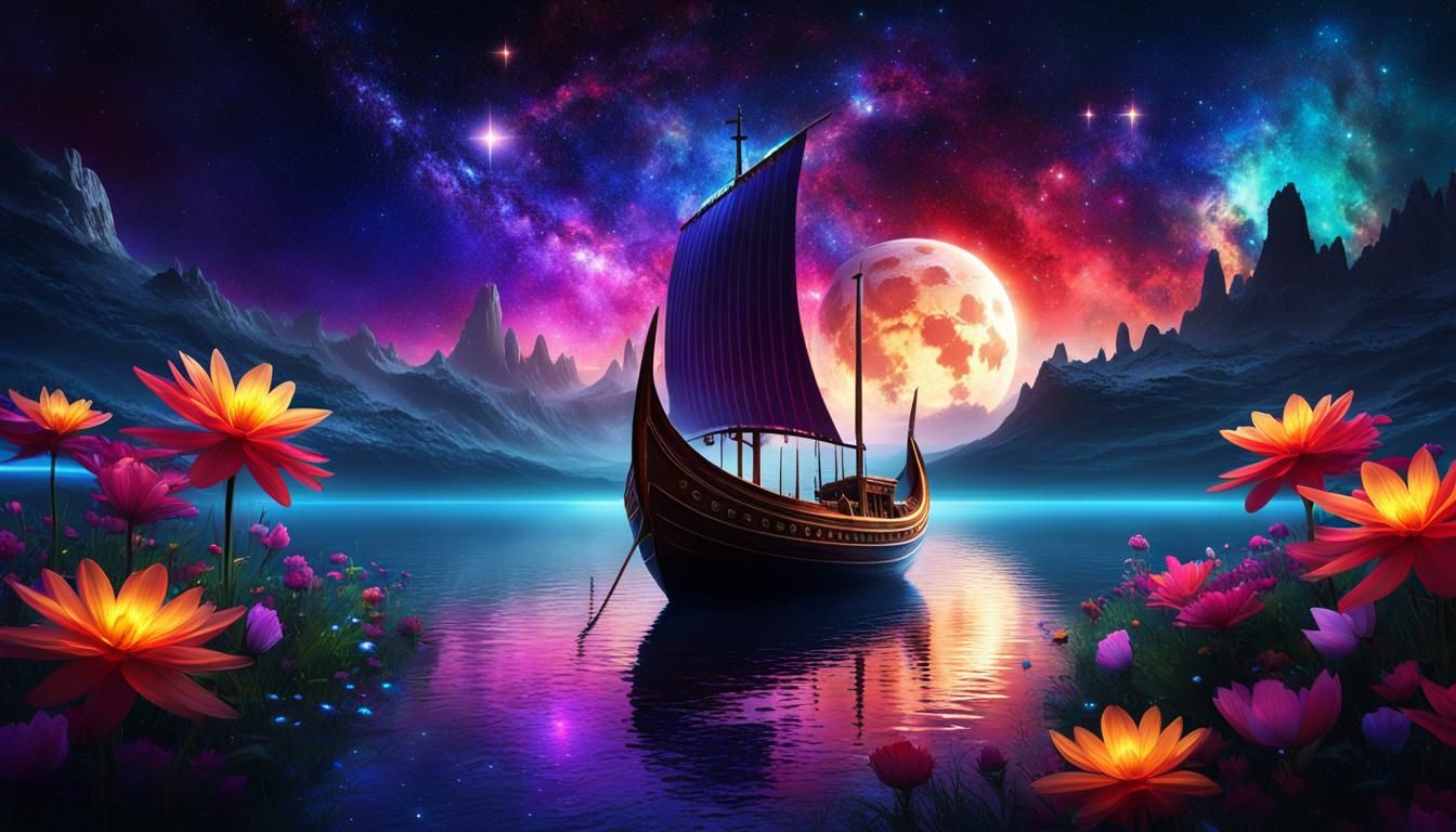 Fantasy Landscape with Viking Ship and Starships