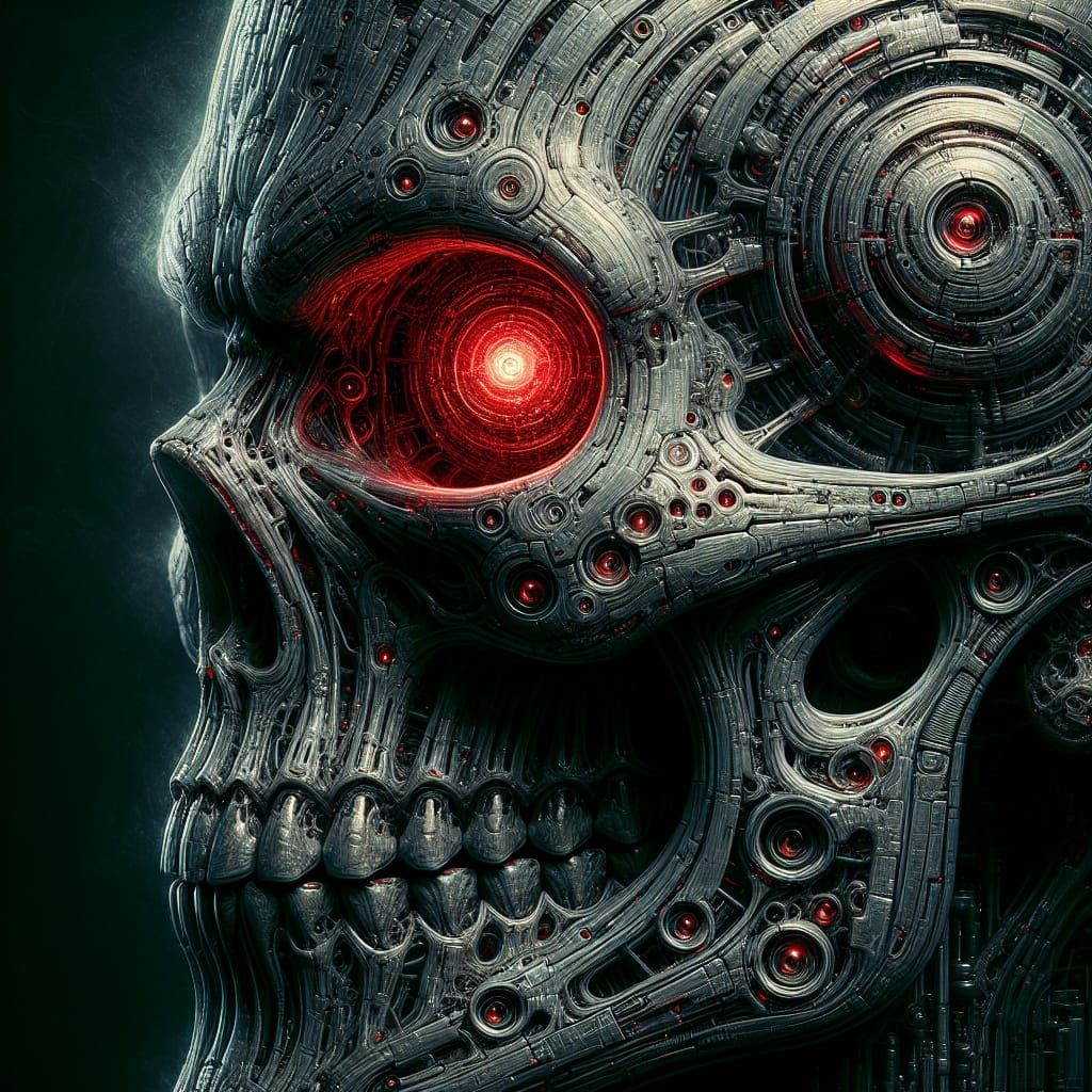 Futuristic Skull with Glowing Eye in Dystopian Style
