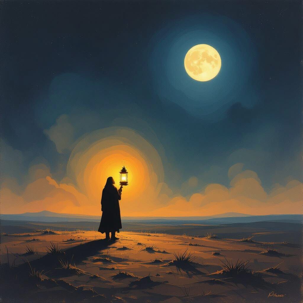 Hopeful Lantern in Surreal Dark Landscape