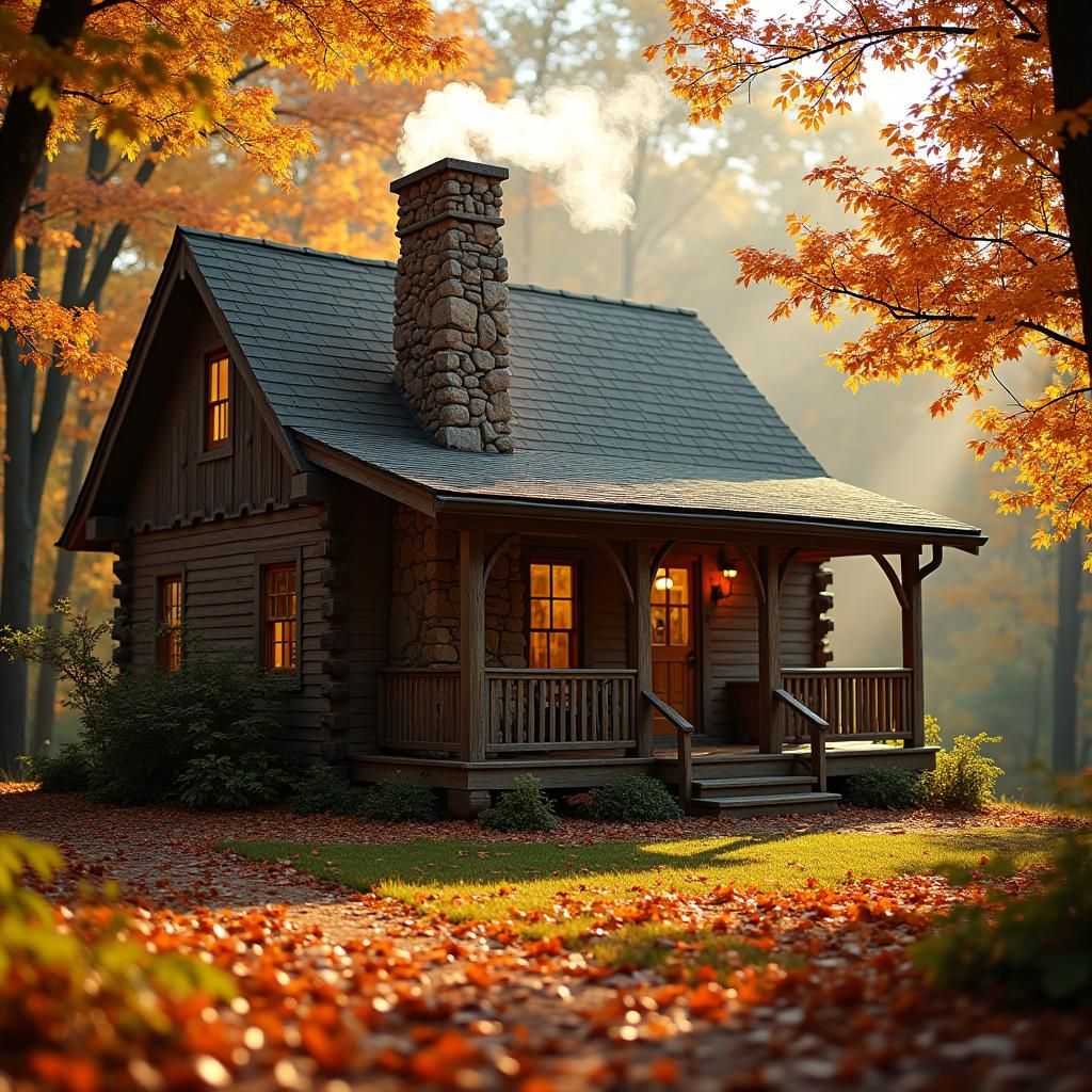 Rustic Cabin in Autumn Sunlight with Bokeh